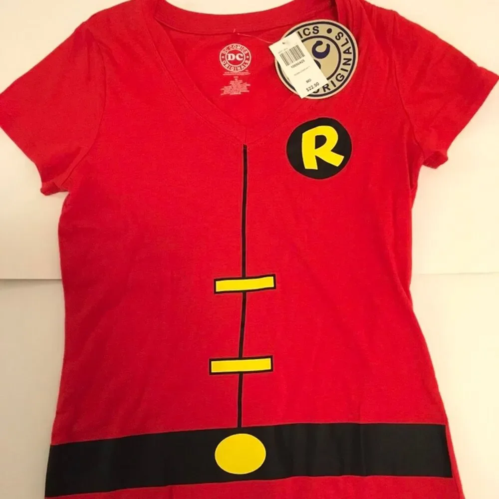 DC comics Robin v neck shirt Hot-topic Black and Red T-shirt NWT